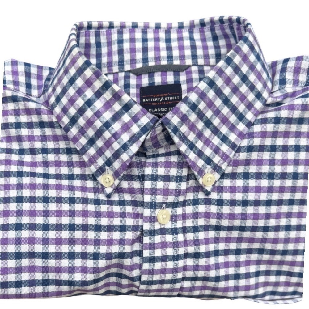 Dockers Shirt‎ Mens 15.5 34/35 Gingham Purple Navy Blue Button Down Classic Fit